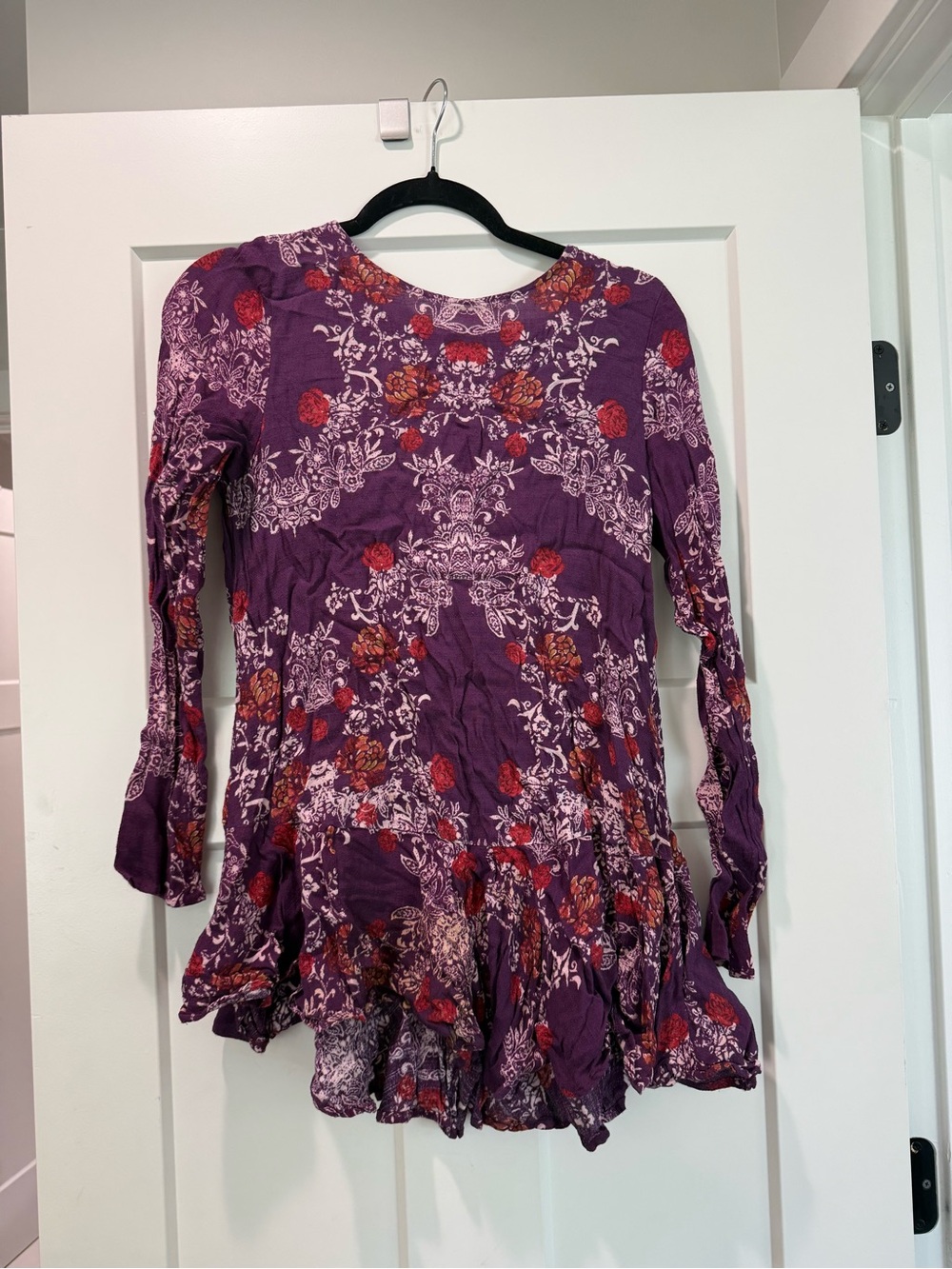 Free People Purple Floral Ruffled Long-Sleeve Tunic
